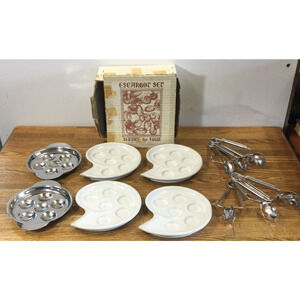 Vintage Escargot Serving Set for 4 – Plates, Tongs, Ceramic & Stainless Steel
